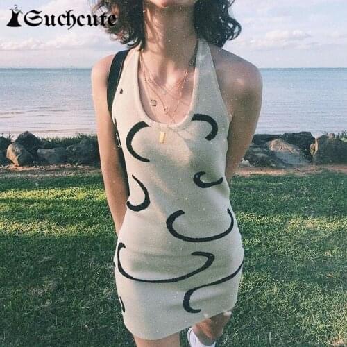 SUCHCUTE Vintage Knitted Halter Bodycon Mini Dress For Women Y2K Spring Summer Sexy Sleeveless Dresses Beach Vacation Wear