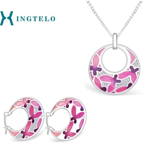 XINGTELO Translucent Pink Jewelry Set 925 Sterling Silver Bridal Pendant Earrings Chain Butterfly Crystal Accessories for Girls
