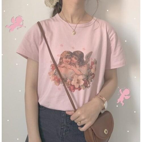 HAHAYULE-JBH Women Retro Style Cherubs Kissing T-Shirt Cute Aesthetic White Tee 90s Ulzzang Fashion Top