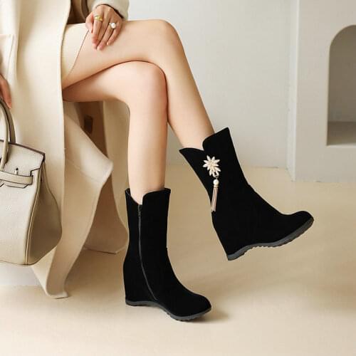 Winter Autumn Ankle Boots for Women Wedge Heels Flock Leather Boots for Women Zipper Black Red Womens Shoes Large Size 44