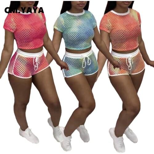 CM.YAYA See-through Two Piece Set Women Short Sleeve O-neck Crop Tops Drawsting Waist Shorts Female Casual Sports Outfits 2021