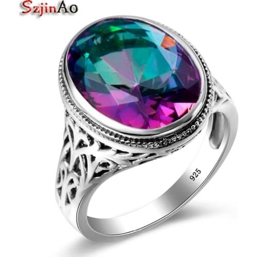 Szjinao Rainbow Mystic Emerald Ring Genuine 925 Sterling Silver Big Rings For Women Fashion Jewelry Christmas Gifts