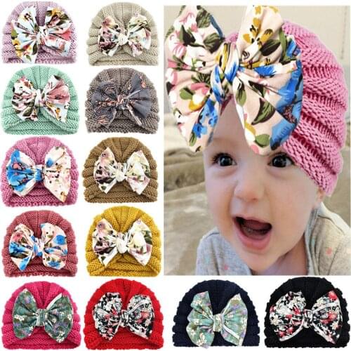 13 Pcs/lot Baby Knitted Hat Autumn Winter Creative Printing Knot Bow Wool Hats Newborn Toddler Turban Wholesale