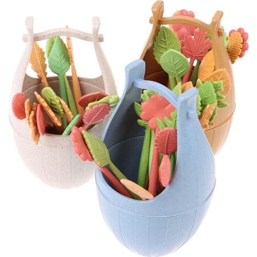 16Pcs/Set Wedding Nordic Style Wheat Straw Barrel Leaves Fruit Fork Lunch Cake Dessert Picks Skewers Sandwich Fork Party Decor