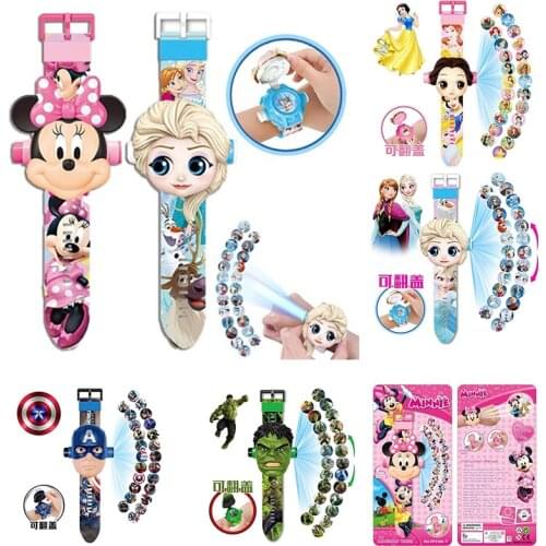 Disney Frozen 2 Minnie Watch 3D Projection Watches Marvel Anime Figure Movies Birthday Model Anna Elsa Snow White Toy Gift