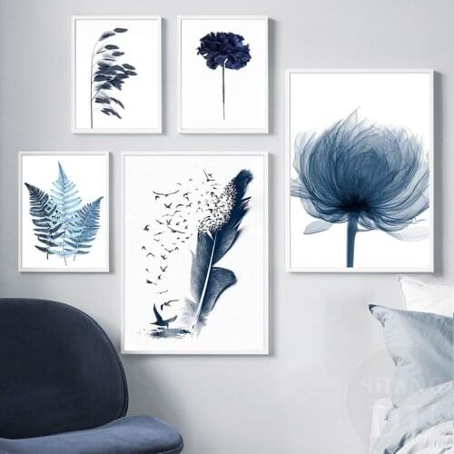 Watercolor Blue Botanical Leaf Poster Minimalist Nordic Flowers Plant Canvas Painting Wall Art Pictures for Living Room Decor