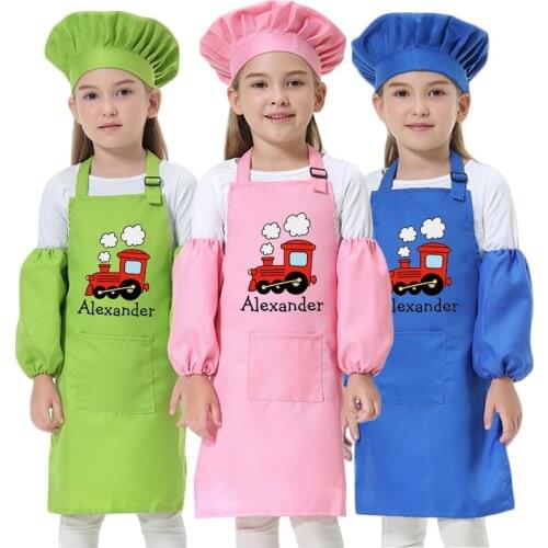 Child Polyester Apron Painting Eating Clothes Kids Cook Baking Bib Pinafore Smock Chef Hat Print Name NOT Free