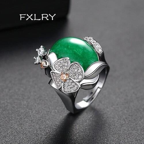 FXLRY Unique Design Pave Setting Cz Big Turquoie Open Adjustable Rings For Women Fashion Jewelry Finger Accessories