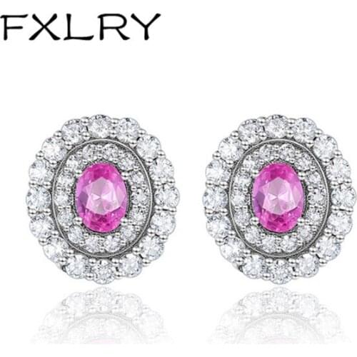 FXLRY Vintage Simple Round Pink AAA Zircon Stud Earrings For Women Jewelry Wholesale