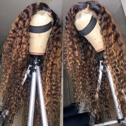 Highlight Curly Lace Front Human Hair Wigs For Women Brazilian Ombre Brown Color Lace Front Wig Blonde Brown Curly Wig Remy 180