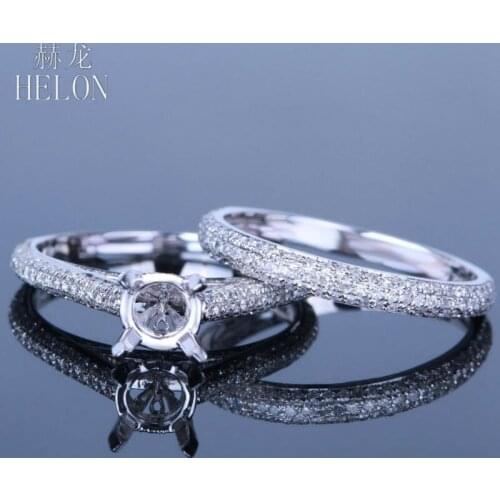 HELON Round 6-7mm Solid 14k White God Natural Diamonds Semi Mount Engagement Ring Sets Women Wedding Fine Jewelry Diamonds Ring
