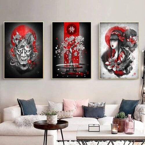 Art Posters of Amen Geisha and Yin-yang Fish Oil on The Canvas Walls Decorated The Living Room with Samurai Paintings