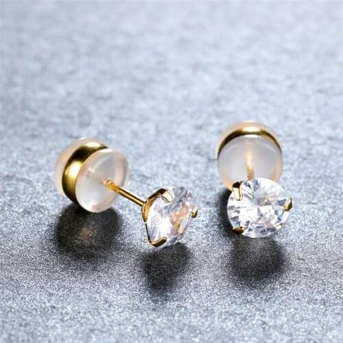 Classic 3 Prong White Zircon Stud Earrings 6MM Round Crystal Stone Earrings For Women Vintage Gold Color Dainty Small Earrings