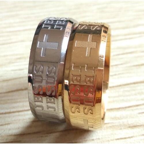 Wholesale 50pcs Gold Silver ETCHED jesus Stainless Steel Band Rings Mens Religious Jewelry Top Quality Rings