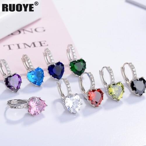 Fashion Crystal heart Stud Earring 925 sterling silver Earring For Women Jewelry New White Green Purple Powder Blue Red Black