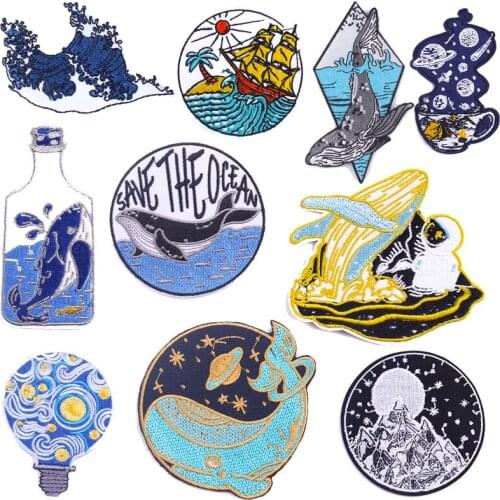 Whale Embroidered Patches For Clothing Iron On Patches For Clothes Diy Mountain/Wave Embroidery Patch Appliques For Jean Jacket