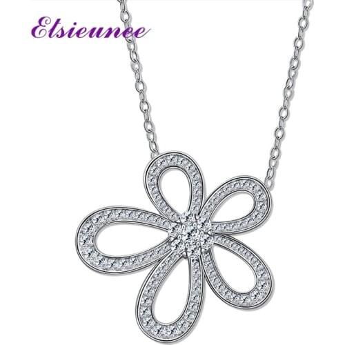 ELSIEUNEE 100% 925 Sterling Silver Flower Simulated Moissanite Diamond Pendant Necklaces Women Party Birthday Fine Jewelry Gift