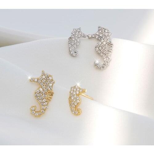 Asymmetric size hippocampal zircon earrings female 925 sterling silver cute irregular simple ins niche animal earrings