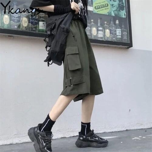 Summer Sport Streetwear Hip Hop Cargo Shorts Elastic High Waist Solid Pocket Shorts Joggers Women Harajuku Wide Leg Los Cortos