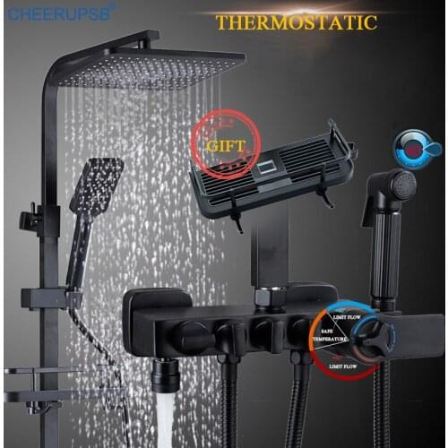 Thermostatic Rainfall Bathroom Shower Set Black Brass Wall Mount Shower System Square Sprayer Tube Luxury Bathtub Bath Faucet
