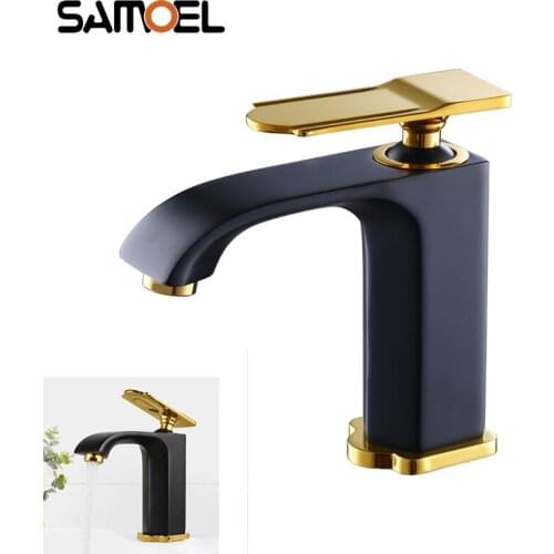 High-end European Style Luxury Brass Matte Black and Gold Bathroom Sink Faucet Deck-mounted Square Basin Water Mixer Tap B3414