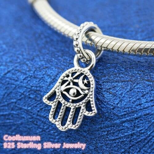 Protective Hamsa Hand Dangle Charm 100% 925 Sterling Silver beads Fits Original Pandora bracelets Jewelry Making