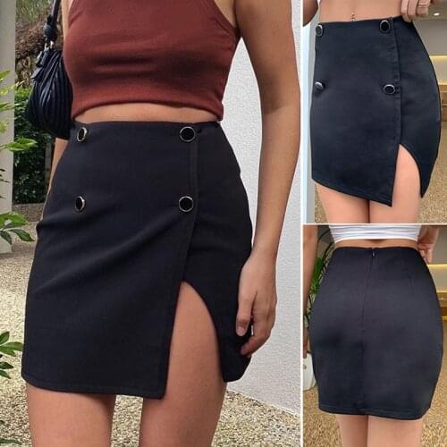 Women Pure Color Buttons Hierarchical Decorative Short Skirt Stitching Side Slit High Waist Skirt Black
