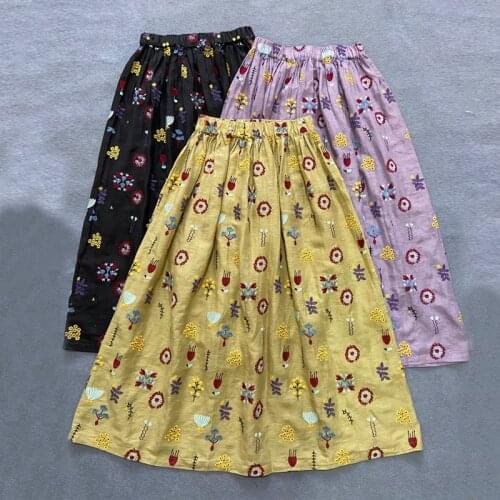 Johnature 2021 Summer Vintage Linen Embroidery Print Skirts Women New Japanese 3 Colors Loose Elastic Wasit Skirts