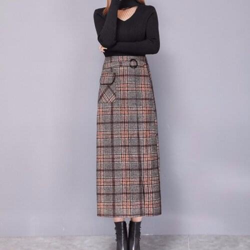 Women 2020 Autumn Winter Vintage Woolen Plaid Elegant Skirt Female High Waist A-line Skirt Ladies Mid-calf Skirt With Sashes C88