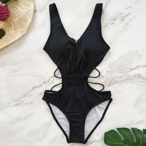 2019 New Summer Women Solid One Piece Swimsuit Hollow Out Bandage Bikini Push Up Bathing Suit Swimwear Cut Out Swimming Suit