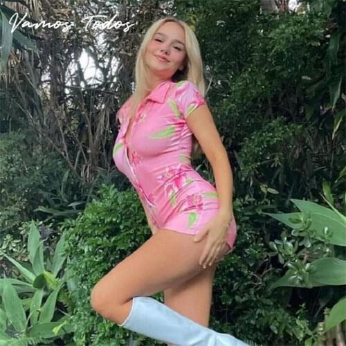 2021 Floral Print One Piece Outfit Jumpsuit Women Turn Down Collar Button Short Sleeve Playsuit Pink Rompers Casual Bodysuit