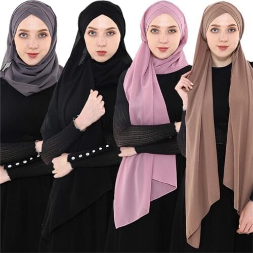 2019 Womens Chiffon Muslim Scarf Ramadan Soft Solid Instant Hijab Shawls Headscarf Easy Ready To Wear Islamic Wrap Head Scarves