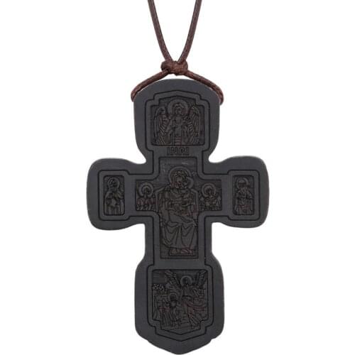 Prayer Jewelry INRI Virgin Mary Pendant Necklace Men Religious Red Wooden Cross Necklaces Adjustable Leather Rope Chains