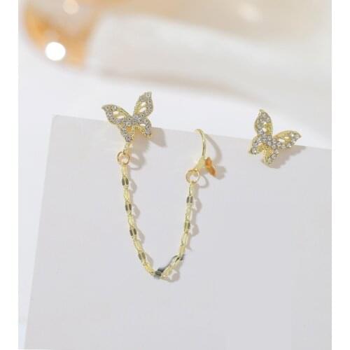 2021 trend earring aesthetic butterfly chain drop earring dangle hanging korean fashion crystal Asymmetric 925 silver pin aretes