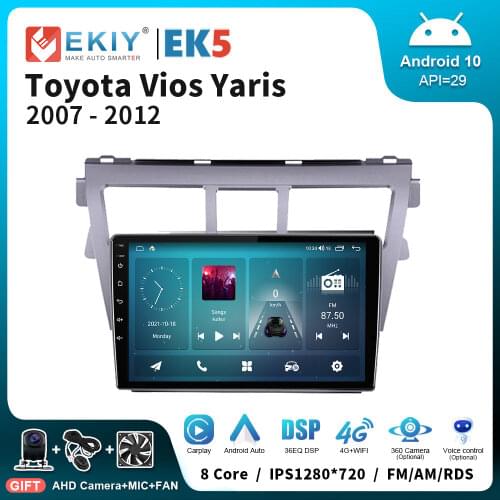 EKIY 1280*720P Car Radio Android 10.0 For Toyota Vios Yaris 2007-2012 Multimedia GPS Navigation Carplay Head Unit No 2 Din DVD