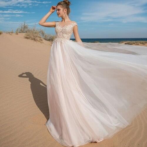 Elegant Jewel Cap Sleeves Boho Wedding Gown with Appliques Soft Tulle A-line Bride Dress Plus Size Robe de Mariee