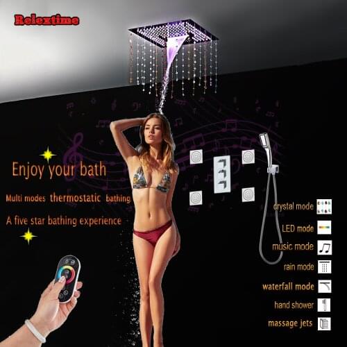 Crystal Quart Bluetooth LED Ceiling Music Rain Shower head Bathroom Shower Set Multifunction Concealed Thermostatic Shower Mixer