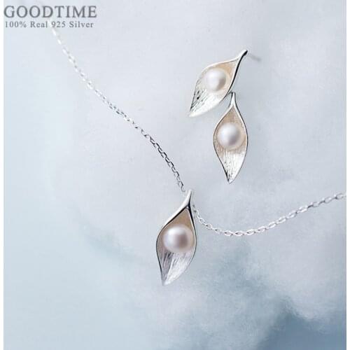 Fashion Women 925 Sterling Silver Necklace And Earring Jewelry Set Leaf And Pearl Jewelry Accessories For Bride Wedding Dress Up