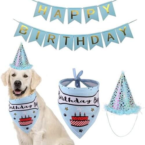 Cute Pet Birthday Caps Bibs Flags Set Pet New Year Festival Headwear Hat Bandana Banners for Puppy Dogs Pets Kitten Supplies