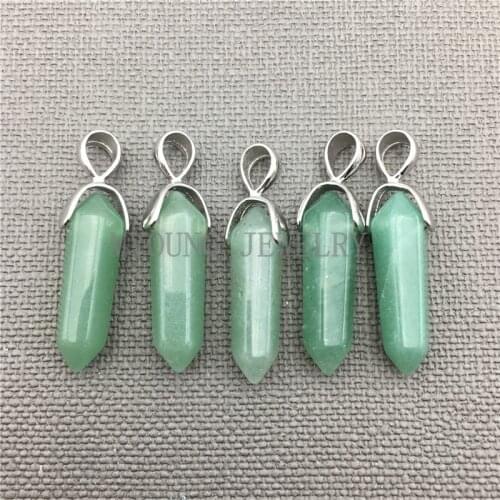 MY0293 Natural Aventrine Spike Point Petite Pendant,Chakra Healing Stone Pillar Pendant Pendulum Shape with Silver Plated Bail