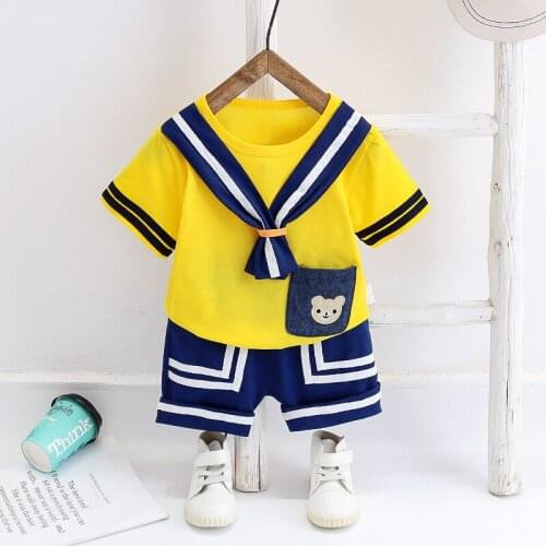 Toddler Boy Clothes 2021 New Baby Boy Girl Suit Casual Navy Style Suit Navy Tie Short Sleeve + Shorts Two Pieces/Set