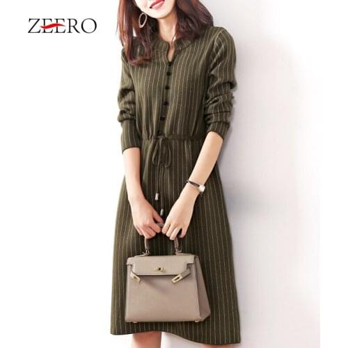 2020 Autumn Women Striped Buttons Long Sleeve Knitted Sweater Dress Elegant Female Casual Plus Size Lace Up Midi Winter Dresses