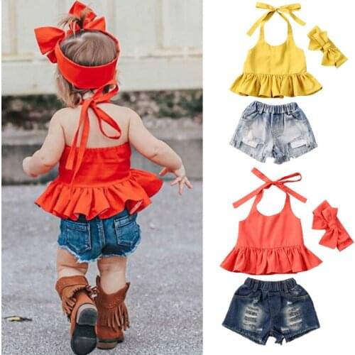 1-6Y Baby Girls Clothes Set 2021 Summer Children Halter Sleeveless Ruffle Tops and Ripped Denim Shorts Fashion Kids Outfits