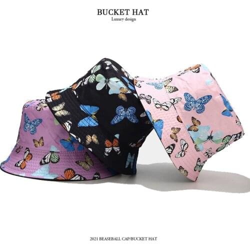 New Womens Summer Bucket Hat Colorful Butterfly Pattern Mens Double-sided Panama Fisherman Hat Outdoor Wild Sun Protection Cap