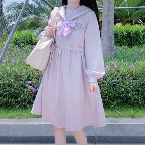 Bear Embroidery Pocket Cute Sailor Collar Girl Woman Long Sleeve Dress Winter Autumn One Piece