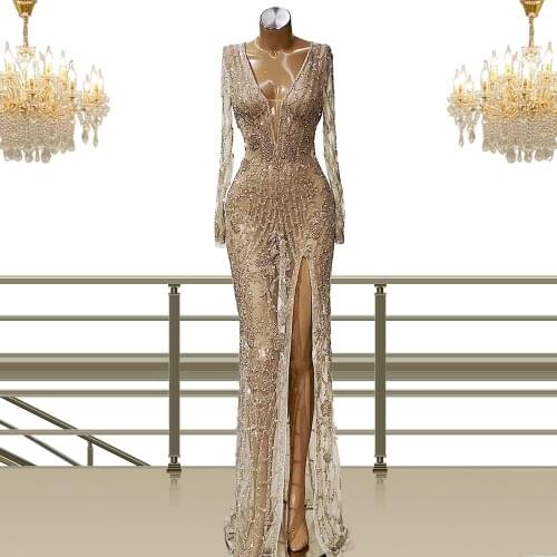 Stunning Gold Illusion Bodice High Front Slit Sexy Gold Mermaid Long Sleeve Evening Gown Vestido De Noche Largo Elegante 2020