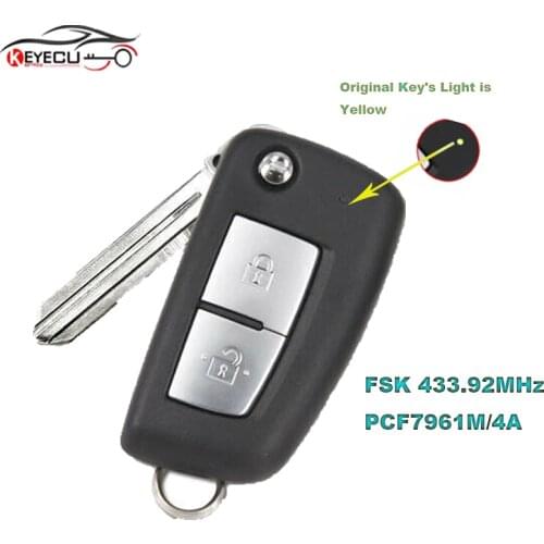 KEYECU 433.92MHz FSK 2 Button Flip Remote Key (Yellow Led) PCF7961M / 4A Chip Replacement for Nissan Qashqai 2019 2020
