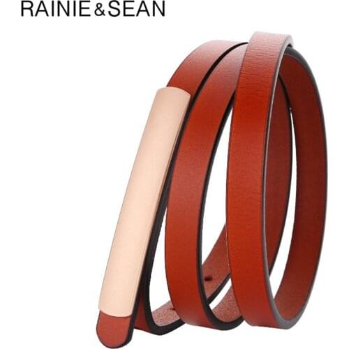 RAINIE SEAN Genuine Leather Cowskin Belts for Women Smooth Buckle Ladies Dress Belt Solid Brown Thin Female Strap 103cm