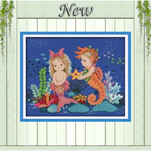 The little mermaid and sea horse girl Decor counted printed on canvas DMC 11CT 14CT kits Cross Stitch embroidery needlework Sets