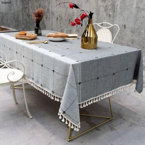 Japan style cotton and linen grey grid embroidery tablecloth high quality white tassels dining table refrigerator cover